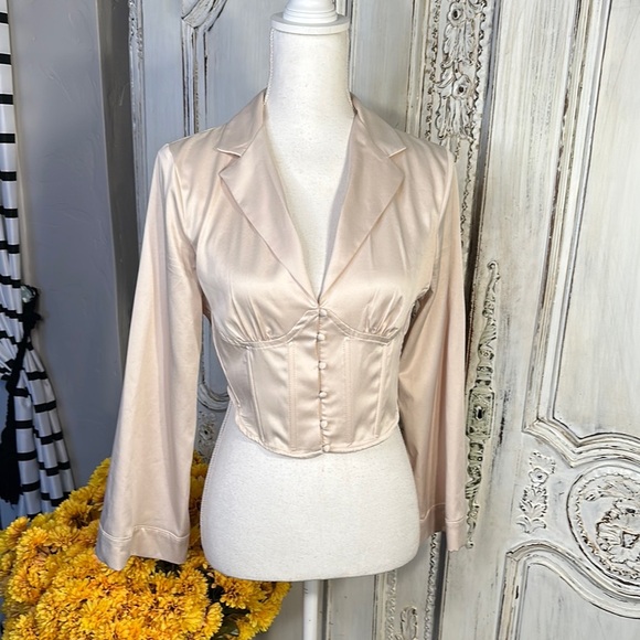 ZARA Tan Satin Corset Cropped Long Sleeve Blouse in Champagne - Picture 1 of 10